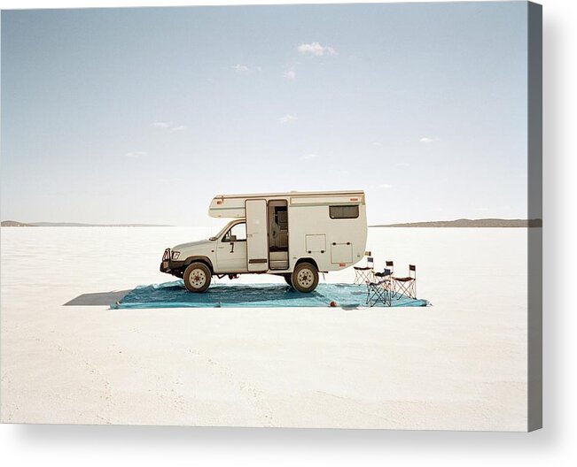 Shadow Acrylic Print featuring the photograph Camping With Motor Home On Salt Flat by Tobias Titz