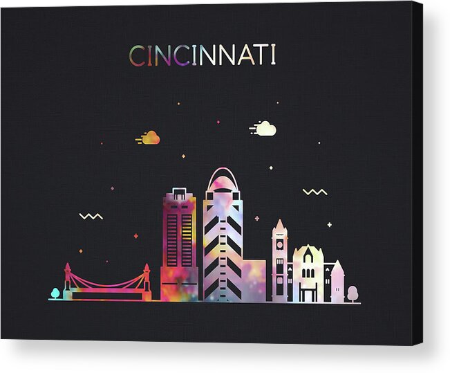 Cincinnati Acrylic Print featuring the mixed media Cincinnati Ohio City Skyline Whimsical Fun Wide Dark by Design Turnpike