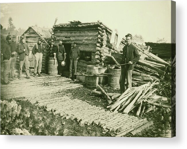 Civil Acrylic Print featuring the painting Civil War camp of the 6th N.Y. Artillery at Brandy Station, Virginia, showing Union soldiers in front of log company kitchen by 