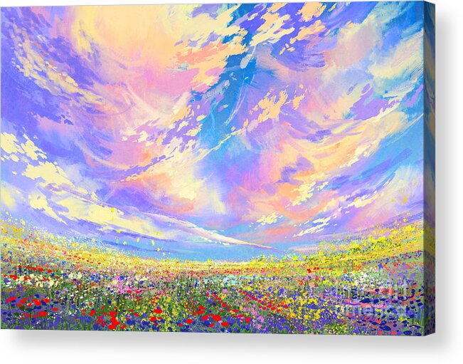 Color Acrylic Print featuring the digital art Colorful Flowers In Field by Tithi Luadthong