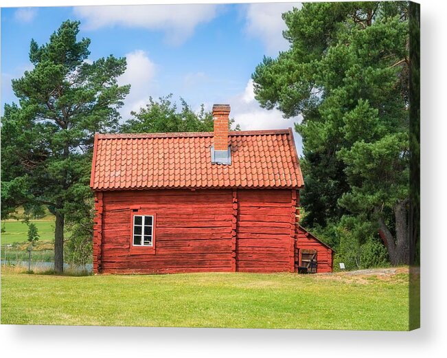 Landscape Acrylic Print featuring the photograph Cozy Red Timber Cottage With Bright by Jani Riekkinen