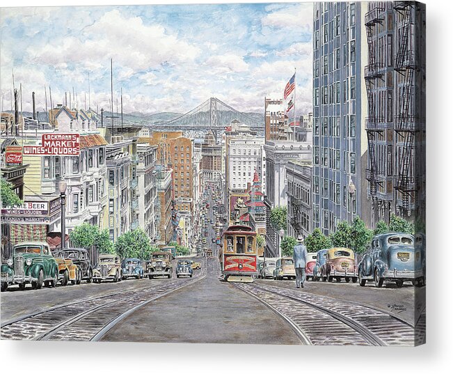 Trolley In Street Of Historic San Francisco Acrylic Print featuring the painting Down California by Stanton Manolakas