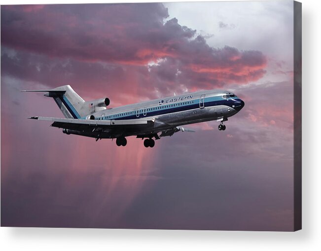 Eastern Airlines Acrylic Print featuring the photograph Eastern Boeing 727-225 Landing in a Winter Storm Sunset by Erik Simonsen