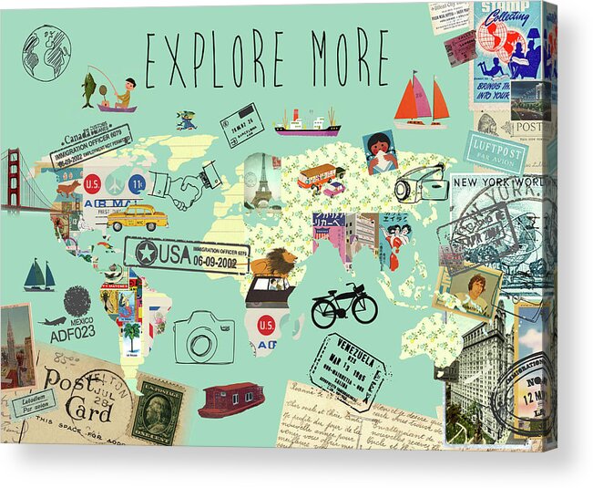 Exlore More World Map Acrylic Print featuring the mixed media Exlore more world map by Claudia Schoen