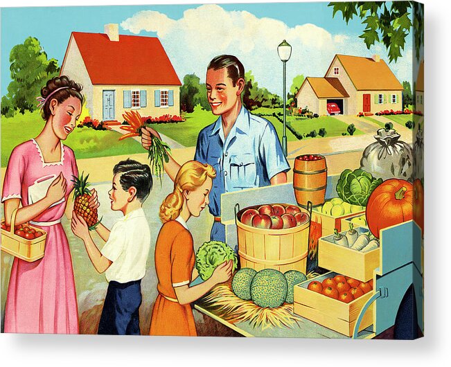 Boy Acrylic Print featuring the drawing Family Buying Fruits and Vegetables by CSA Images