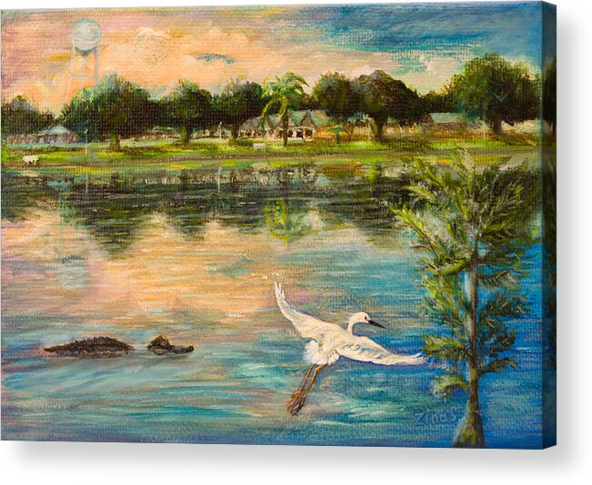 Lake Acrylic Print featuring the painting Florida wildlife and sunset reflection by Zina Stromberg