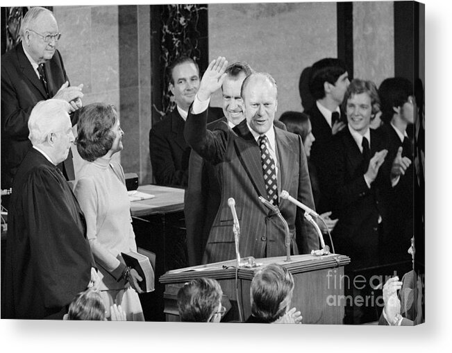 People Acrylic Print featuring the photograph Gerald Ford Standing At Microphones by Bettmann