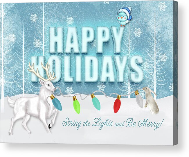 Happy Holidays Acrylic Print featuring the digital art Happy Holidays 3D Look with White Reindeer and Woodland Friends by Doreen Erhardt