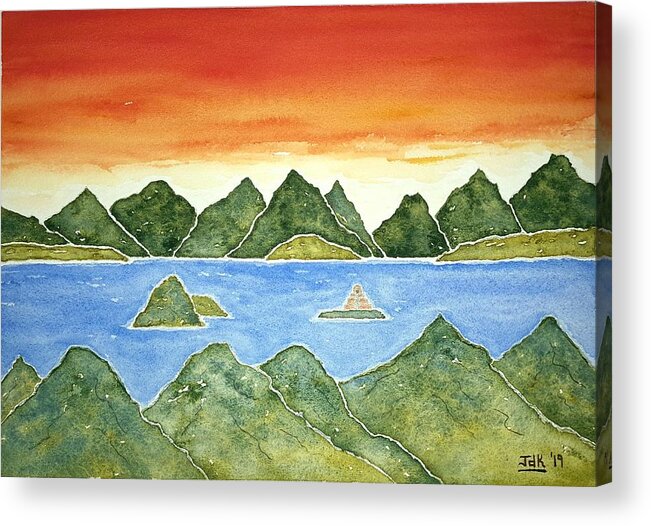 Watercolor Acrylic Print featuring the painting Hidden Islands Lore by John Klobucher