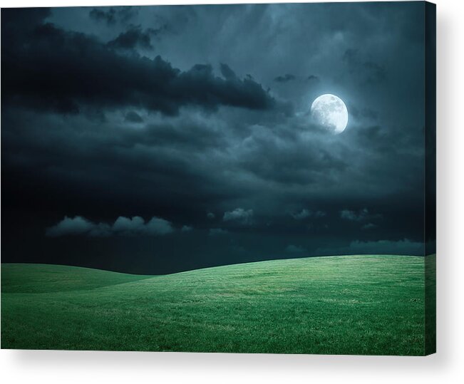 Scenics Acrylic Print featuring the photograph Hilly Meadow At Night With Full Moon by Spooh