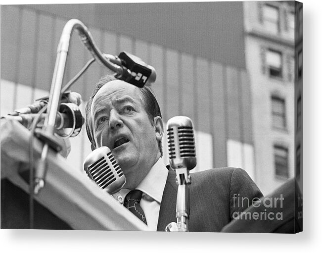 Crowd Of People Acrylic Print featuring the photograph Hubert Humphrey Surrounded By Microphone by Bettmann