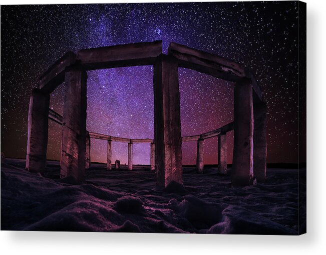 Icehenge Stonehenge Ice Crystal Translucent Mystical Mythical Ancient Sorcerer Druid Celt Solstice Lake Ice Wi Wisconsin Astroscape Nightscape Stars Milky Way Orion Winter Snow Purple Magic Astronomy Nebula Pleiades Acrylic Print featuring the photograph IceHenge #5 - Stonehenge made of ICE on Rock Lake at Lake Mills WI - astroscape by Peter Herman