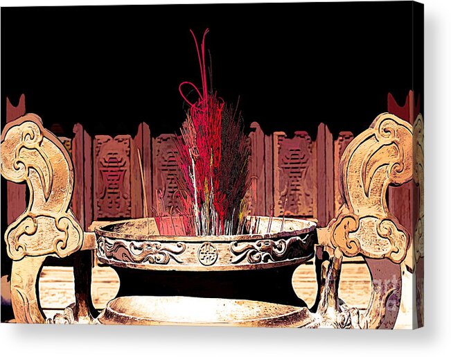 Vietnam Acrylic Print featuring the digital art Incense Burn Traditional Spiritual Buddha by Chuck Kuhn