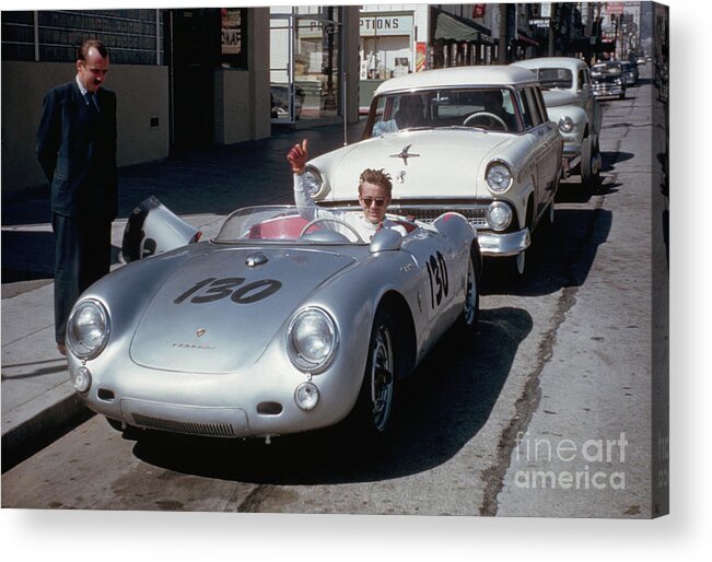 Young Men Acrylic Print featuring the photograph James Dean In His Porsche Spyder by Bettmann
