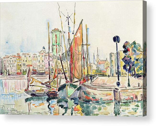 Harbor Acrylic Print featuring the painting La Rochelle Boats and Houses by Paul Signac