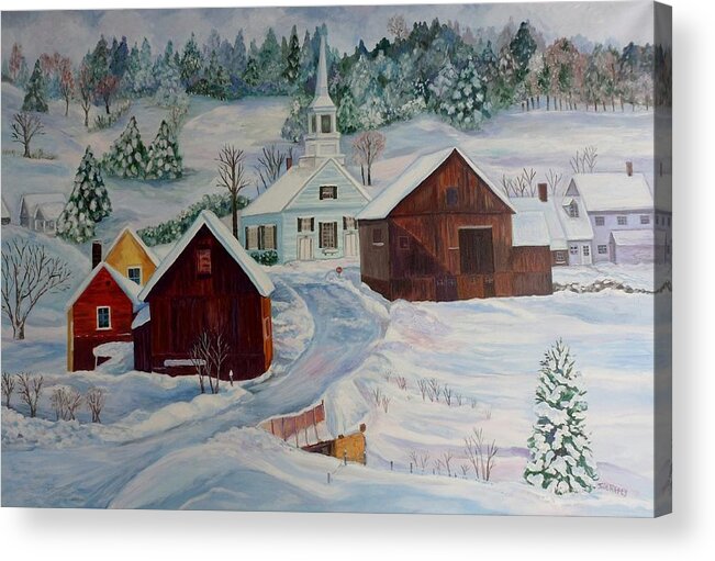 Snow Scene Acrylic Print featuring the painting Little Church in Waits River VT by Julie Brugh Riffey