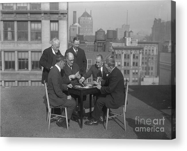 Mature Adult Acrylic Print featuring the photograph Men Playing Cards On Rooftop by Bettmann