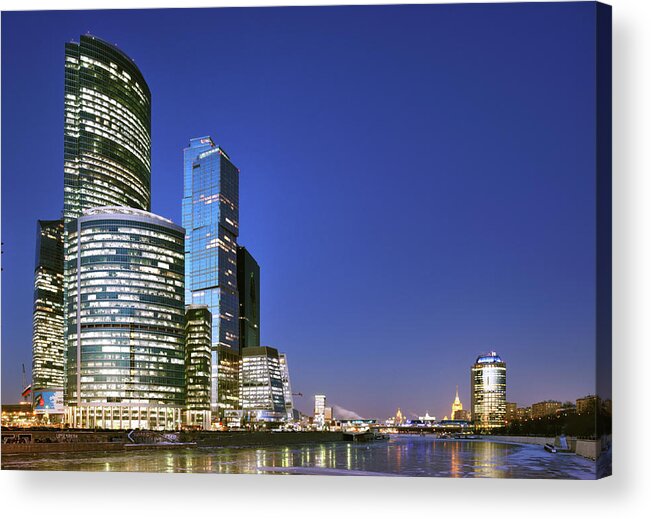 Corporate Business Acrylic Print featuring the photograph Moscow City At Dusk by Vladimir Zakharov