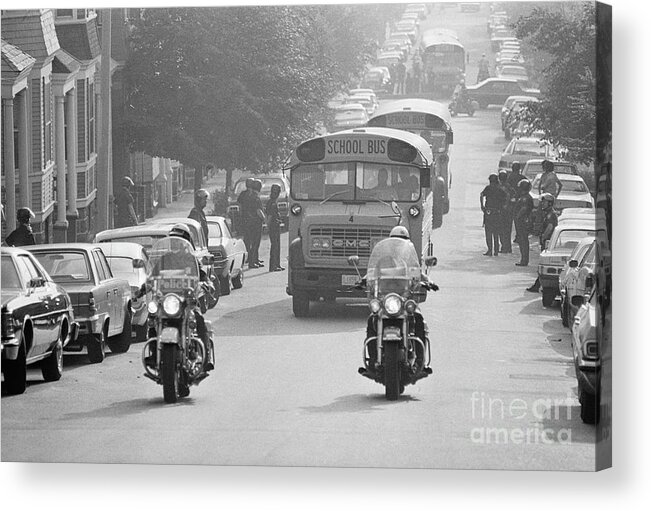 Education Acrylic Print featuring the photograph Motorcycle Police Escort School Bus by Bettmann
