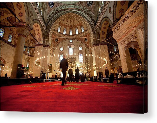 Istanbul Acrylic Print featuring the photograph Muslim Men Praying Inside The Blue by Ozgurdonmaz