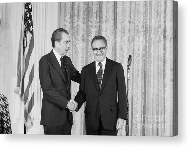 Mature Adult Acrylic Print featuring the photograph Nixon Shakes Hands With Kissinger by Bettmann