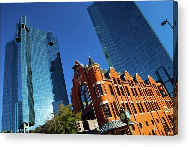 Downtown District Acrylic Print featuring the photograph Old Vs New Fort Worth Glass Buildings by Davel5957