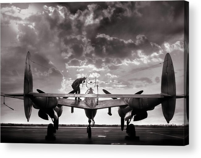 P 38 Lightning Acrylic Print featuring the digital art P38 Sunset Mission by Peter Chilelli