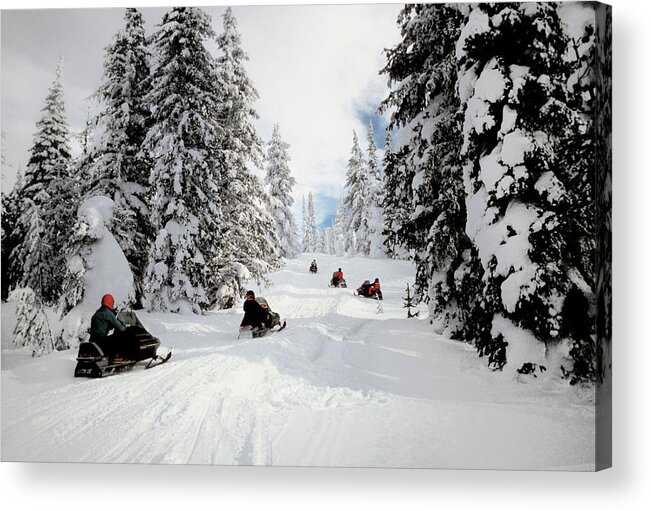 People Acrylic Print featuring the photograph People On Snowmobiles In Yellowstone by Medioimages/photodisc