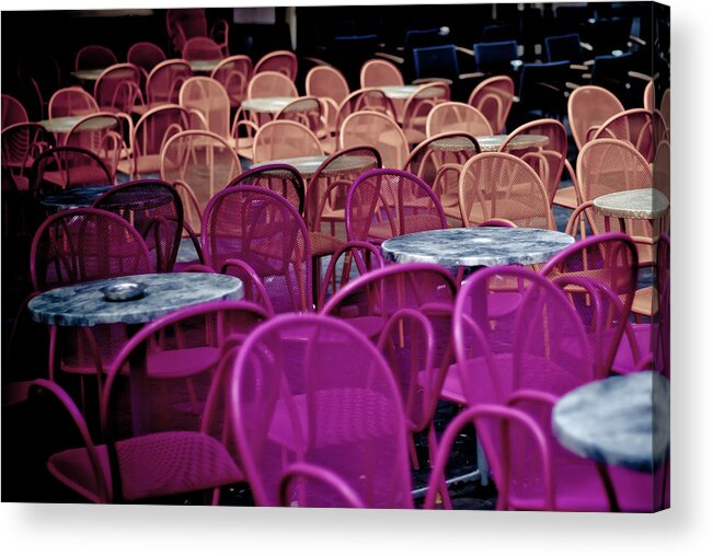 Tranquility Acrylic Print featuring the photograph Pink And Orange Cafe Chairs by Louize Hill