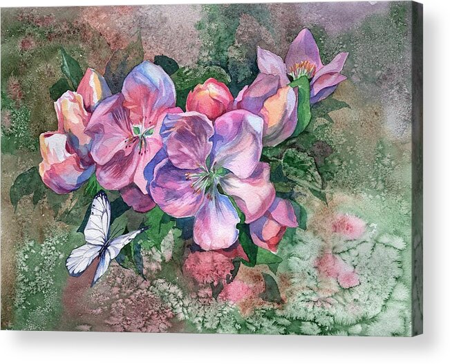 Russian Artists New Wave Acrylic Print featuring the painting Pink Bloom Apple Tree and Butterfly by Ina Petrashkevich