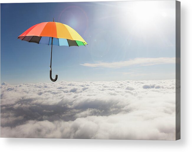 Mid-air Acrylic Print featuring the photograph Rainbow Umbrella Floating Above Clouds by Gary S Chapman