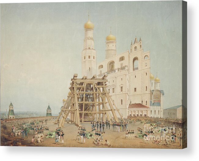 Pulley Acrylic Print featuring the painting Raising Of The Tsar-bell In The Moscow Kremlin In 1836, 1839 by Vasili Semenovich Sadovnikov