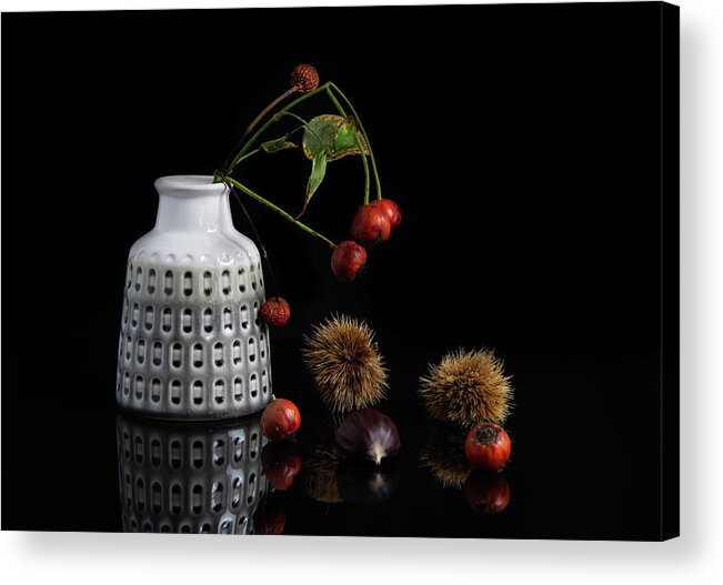 Flora Acrylic Print featuring the photograph Red berry fruits on a white modern vase creating a beautiful abs by Michalakis Ppalis