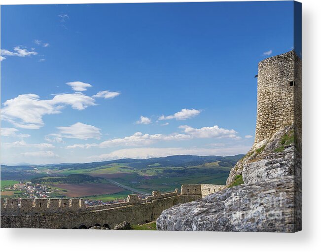 Fortress Acrylic Print featuring the photograph Spis region from the Spissky Hrad showing snow covered High Tatra mountains by Les Palenik