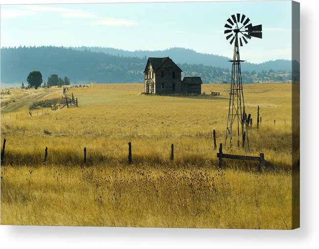 Scenics Acrylic Print featuring the photograph Steinbeck Homestead W Windmill And Fence by Garyalvis