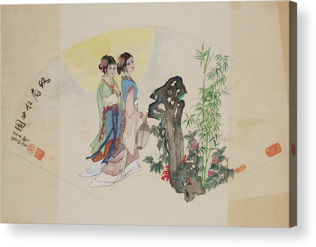 Chinese Watercolor Acrylic Print featuring the painting Ladies in the Garden by Jenny Sanders