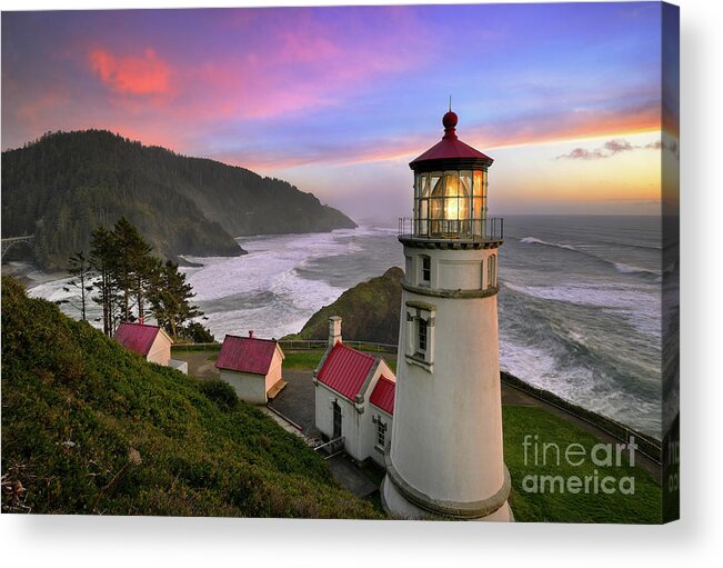 Oregon Acrylic Print featuring the photograph Sunset at Heceta Head Lighthouse on Oregon Coast by Tom Schwabel