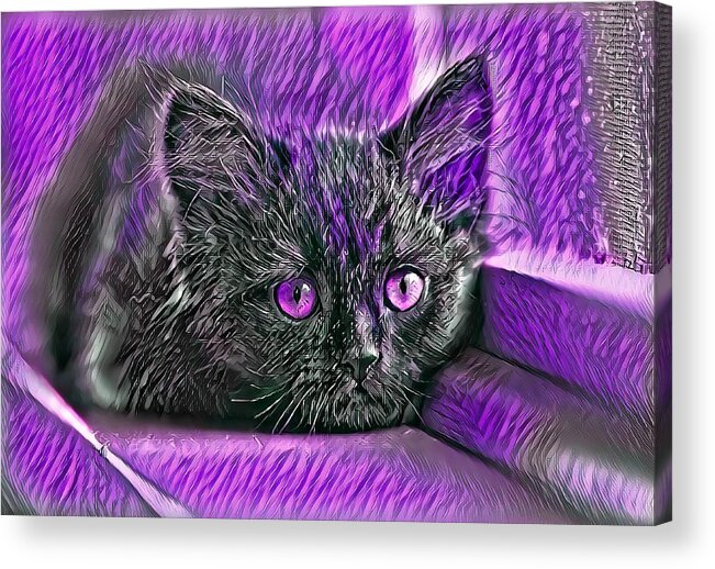 Purple Acrylic Print featuring the digital art Super Cool Black Cat Purple Eyes by Don Northup