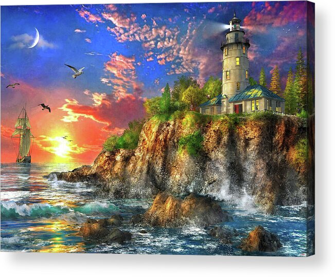 Sea Acrylic Print featuring the painting The Ocean Sunset Lighthouse by MGL Meiklejohn Graphics Licensing
