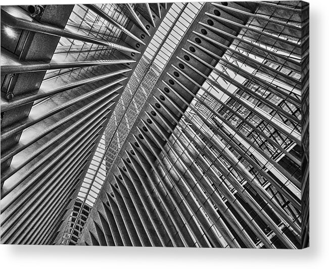 Black And White Photo Of Ceiling The Oculus At World Trade Center Acrylic Print featuring the photograph The Oculus by Joan Reese