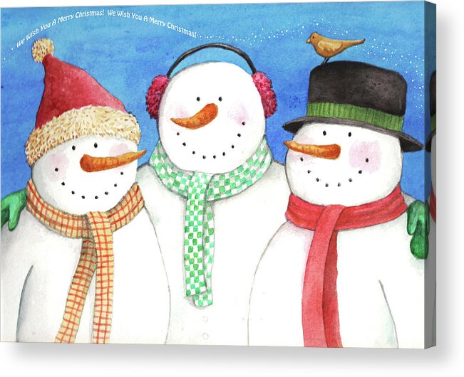 Snowman Acrylic Print featuring the painting Three Snowmen Sing by Melinda Hipsher