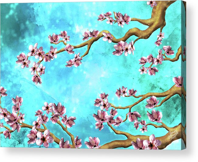 Cherry Blossoms Acrylic Print featuring the digital art Tranquility Blossoms in Blue and Pink by Laura Ostrowski