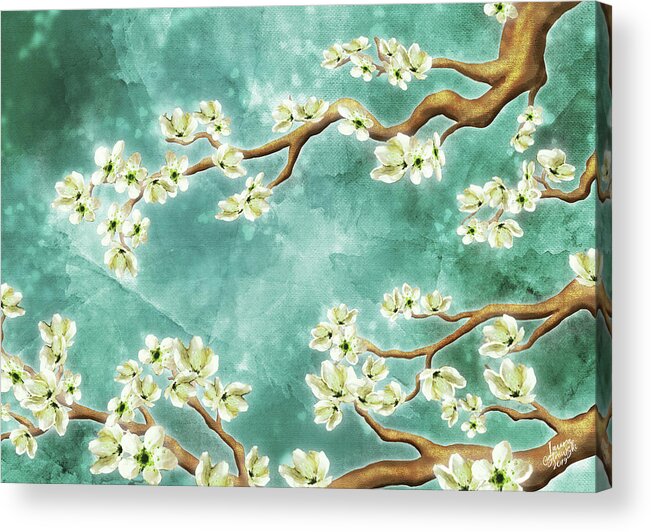 Cherry Blossoms Acrylic Print featuring the digital art Tranquility Blossoms in Teal by Laura Ostrowski