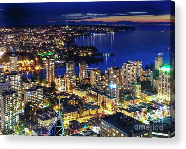 Architecture Acrylic Print featuring the photograph 1556 Twilight View English Bay Vancouver British Columbia Canada by Neptune - Amyn Nasser Photographer