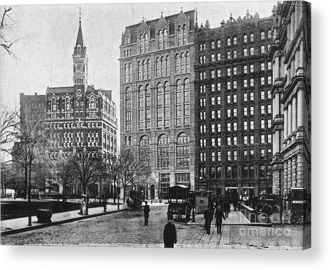 Pedestrian Acrylic Print featuring the photograph View Of Buildings On Park Row In Lower by Bettmann