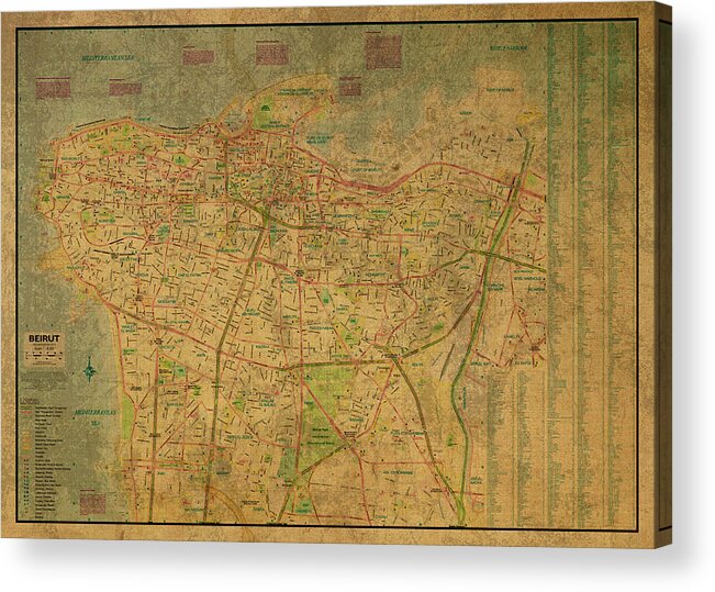 Vintage Acrylic Print featuring the mixed media Vintage Map of Beirut Lebanon by Design Turnpike