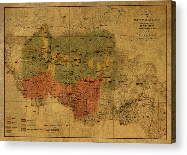 Vintage Acrylic Print featuring the mixed media Vintage Map of Mount Everest Region 1921 by Design Turnpike