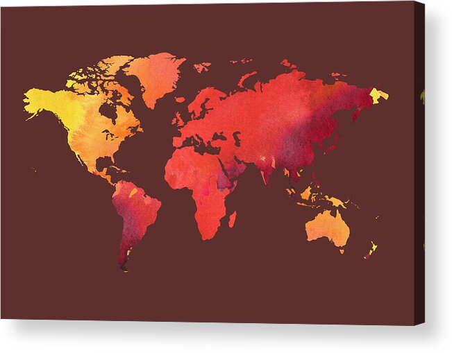 Red Acrylic Print featuring the painting Watercolor Silhouette World Map Colorful PNG IX by Irina Sztukowski