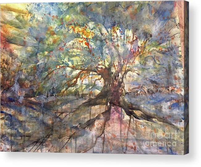 Impressionistic Floral Landscape Louisiana Watercolor Abstract Impressionism Water Bayou Lake Verret Blue Set Design Iris Abstract Painting Abstract Landscape Purple Trees Fishing Painting Bayou Scene Cypress Trees Swamp Bloom Elegant Flower Watercolor Coastal Bird Water Bird Interior Design Imaginative Landscape Oak Tree Louisiana Abstract Impressionism Set Design Fort Worth Texas Thefoyerbr Shoplocal Shopbr Shopbatonrouge Geauxlocal Gobr Brproud 225batonrouge Decoratebatonrouge Batonrougehomes Acrylic Print featuring the painting Weeping Oak by Francelle Theriot
