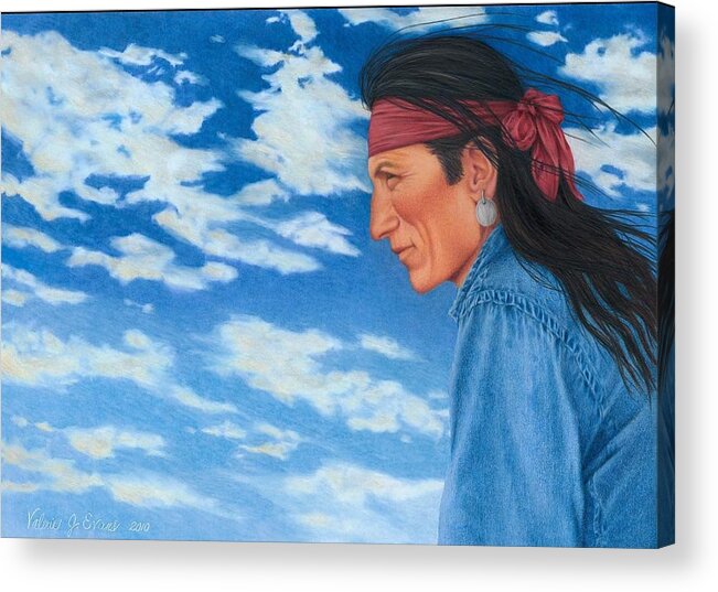 Native American Portrait. American Indian Portrait. Navajo Portrait. Acrylic Print featuring the painting Wind in His Hair by Valerie Evans